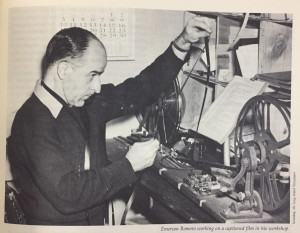 Original caption: “Emerson Romero, pioneer in captioned films for the deaf, is shown checking 16mm. frames against a list of captions while working in his home movie processing Original caption: “Emerson Romero, pioneer in captioned films for the deaf, is shown checking 16mm. frames against a list of captions while working in his home movie processing